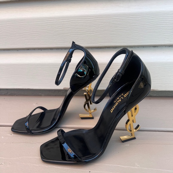 YVES SAINT LAURENT BLACK OPYUM HEEL ANKLE STRAP IN PATENT LEATHER - Picture 1 of 8